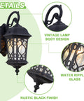 Large Outdoor Wall Light With Water Glass Shade, Black Waterproof Exterior Sconce In Classic European Style showing details