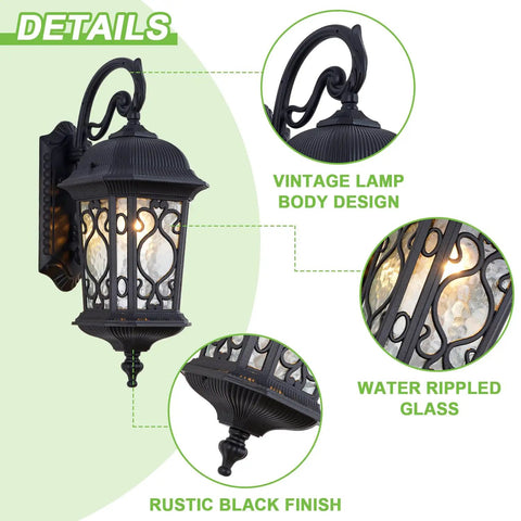 Large Outdoor Wall Light With Water Glass Shade, Black Waterproof Exterior Sconce In Classic European Style showing details