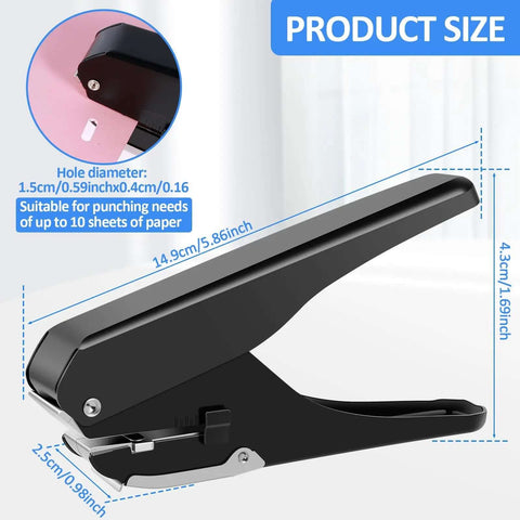 Heavy-Duty Oval Hole Punch, Metal Handheld Slot Puncher For ID Cards And Paper, side view with dimensions and additional features shown.
