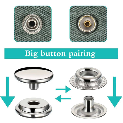 15mm Heavy Duty Stainless Steel Snap Button Kit With Setting Tool Marine Grade Rustproof Fasteners illustration showing parts.