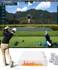 Golfer using Ultra Safe Fireproof Golf Simulator Impact Screen For Indoor Training, featuring air mesh and grommets.
