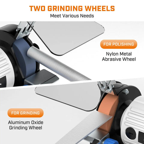 3 Inch Brushless Bench Grinder With Long Flexible Shaft And 110 Piece Accessory Set Knockout Buffer Polisher Kit showing nylon metal and aluminum oxide grinding wheels.