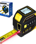 Badass 4 In 1 Laser Tape Measure With 328 Ft Range And 16 Ft Self Locking Blade Featuring Dual Axis Level And Cross Line Projection showing laser measurement display.