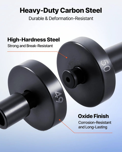 Bearing Press Kit With 52 Piece Bearing Race And Seal Driver Set showing two carbon steel bushings, labeled 49 and 50, with oxide finish.