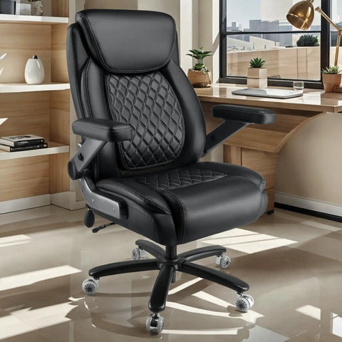 600Lbs Big And Tall Heavy Duty Office Chair With 5D Flip Arms Pocket Spring Cushion High Back Ergonomic Desk Chair With Lumbar Support Dual Rubber Wheels Extra Plush Padding For All Day Comfort in an office setting