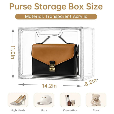 Clear Acrylic Purse Organizer Display Case For Closet With Magnetic Door See Through Handbag Storage Box 3 Pack shown with purse.