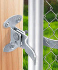 1-3/8 Inch Chain Link Fence Gate Latch Wall Mount Flat Back Metal Gate Fork Latch Hardware with lag bolt installed on wooden post