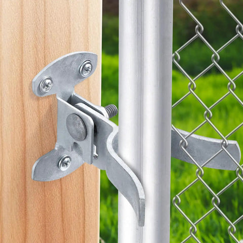 1-3/8 Inch Chain Link Fence Gate Latch Wall Mount Flat Back Metal Gate Fork Latch Hardware with lag bolt installed on wooden post