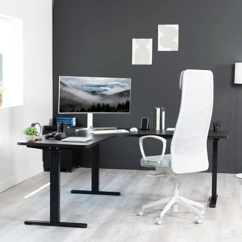VIVO Electric L Shaped Standing Desk Frame With Height Adjustment For Corner Corner Corner Setup Dual Motors Sturdy Ergonomic Sit Stand Workstation Black Base with modern office setup.