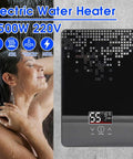Instant 6500W Electric Water Heater For Bathroom And Dormitory With Digital Temp Display shown in use with woman enjoying a hot shower.