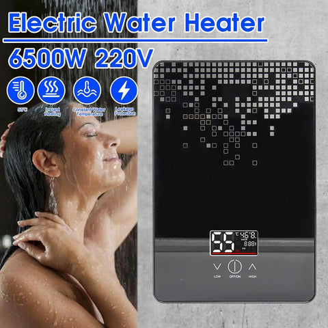 Instant 6500W Electric Water Heater For Bathroom And Dormitory With Digital Temp Display shown in use with woman enjoying a hot shower.