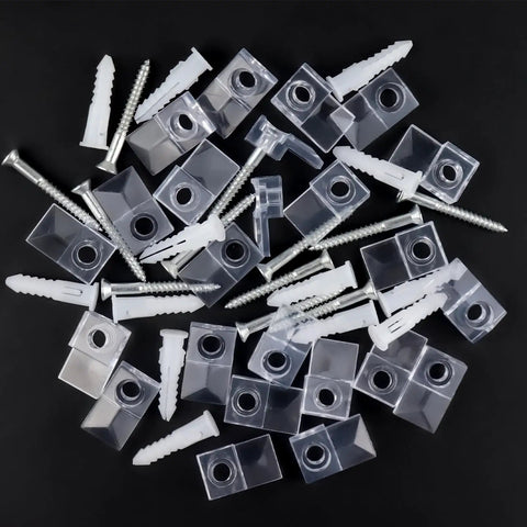 32 Pack Slick Clear Plastic Mirror Clips With Rock Solid Rust Resistant Metal Screws Frameless Glass Mounting Hardware For Wall Cabinet Door And Picture Frames Straight Up Easy Install assorted plastic clips and metal screws on black background