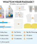 2 Gallon Crystal Clear Epoxy Resin Kit Pro Grade All In One Studio Set shown with contents including resin, hardener, gloves, and tools.