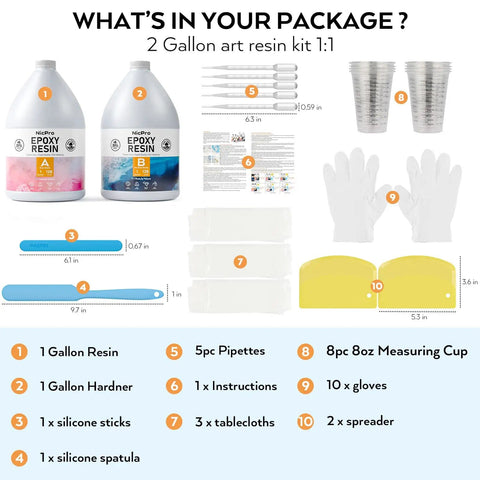 2 Gallon Crystal Clear Epoxy Resin Kit Pro Grade All In One Studio Set shown with contents including resin, hardener, gloves, and tools.