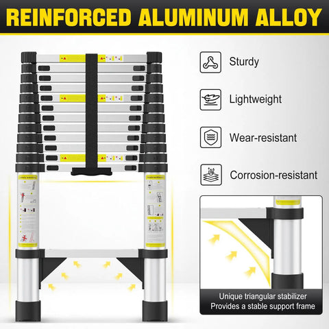 Heavy Duty 12.5 Ft Aluminum Telescoping Ladder With Triangle Stabilizers And Non Slip Feet Portable Collapsible Extension Ladder For Home RV And Outdoor Work 330 Lb Max Capacity, reinforced aluminum alloy