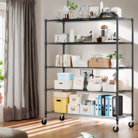 Five Tier Wire Shelving With Wheels Heavy Duty Height Adjustable Metal Storage Rack Commercial Grade Steel Utility Shelf For Kitchen Garage Pantry Organization 24 By 48 By 82 Inches Built Like A Tank