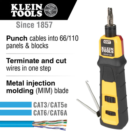 VDV427-300 Impact Punchdown Tool Pro-Grade With 66/110 Blade, showing Cat3/Cat6A cable compatibility and tool features.