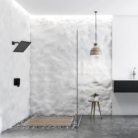 Black Shower Faucet Kit With Rough In Valve And 8 Inch Square Stainless Steel Rainfall Shower Head For A Simple Upgrade Single Function Trim Brass Valve cUPC Certified 1.75 GPM Flow Wall Mounted System in modern bathroom setting.