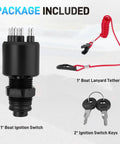 Package contents of Boat Ignition Switch With Two Keys And Safety Lanyard For OMC Johnson Evinrude 40-200HP Outboard Motors Replacement 175974 Durable No Fuss Install Assembly, featuring ignition switch, red lanyard, and two keys.
