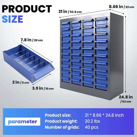40-Drawer Bolt Bin Organizer Cabinet With ABS Drawers, heavy-duty metal storage cabinet shown with size dimensions.