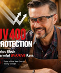 Top Shelf ANSI Z871 Safety Glasses For Trade Workers Featuring Tough As Nails Scratch Resistance And UV400 Eye Protection that shows a man wearing safety glasses outdoors.