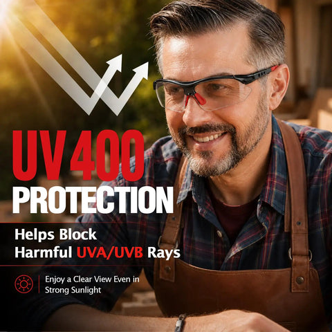 Top Shelf ANSI Z871 Safety Glasses For Trade Workers Featuring Tough As Nails Scratch Resistance And UV400 Eye Protection that shows a man wearing safety glasses outdoors.