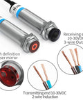 Laser Photoelectric Sensor Through Beam M12 Series 10 to 30V Dual NPN PNP Output, metal housing, showing receiving and transmitting ends