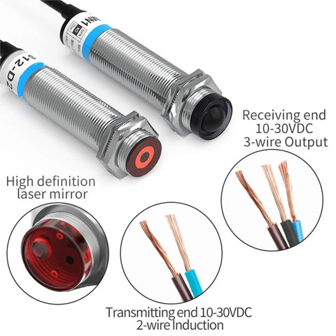 Laser Photoelectric Sensor Through Beam M12 Series 10 to 30V Dual NPN PNP Output, metal housing, showing receiving and transmitting ends