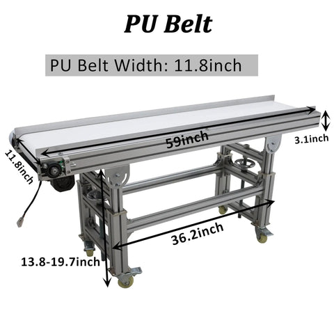 Beefy PU Belt Conveyor With Aluminum Frame 59 Inch Length And 11.8 Inch Width, Adjustable Height 21.2 to 27.2 Inches, Speed 13 to 65 Feet