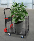 Built Like A Tank Two In One Platform Cart With Secure Cage Foldable Utility Dolly and Flatbed Hand Truck holds potted plant on flatbed.