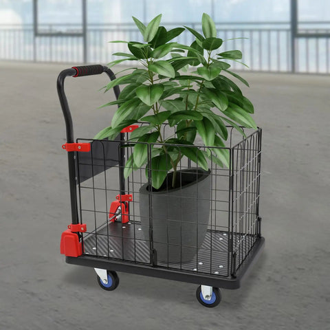 Built Like A Tank Two In One Platform Cart With Secure Cage Foldable Utility Dolly and Flatbed Hand Truck holds potted plant on flatbed.