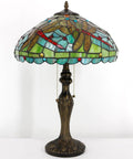 Tiffany Style Stained Glass Table Lamp Dragonfly Motif In Green And Red, 16 Inch Shade, 24 Inch Tall Antique Reading Light