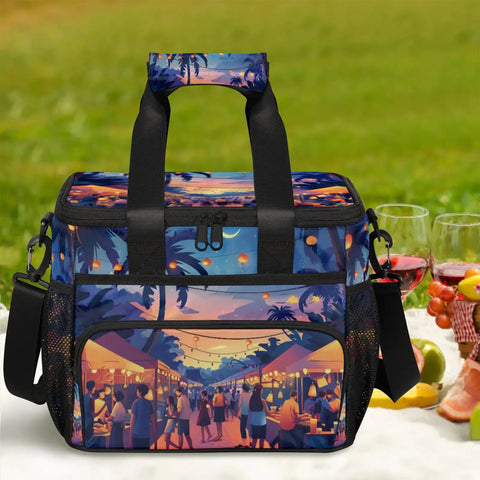 Insulated Picnic Backpack Lunch Bag For All Day Outings The Go To Carryall With 12 X 8.7 X 10 Inch Capacity Keeps Food Fresh With Thick Inner Lining Ideal For Picnics Beach Work Travel Office And Camp, featuring vibrant design and sturdy handles, placed on picnic blanket, with fruits and glasses
