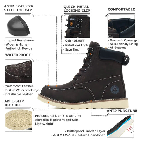 Side view of Six Inch Moc Toe Steel Toe Boots For Men Waterproof Leather Non Slip Safety Work Boots Durable Construction Western Brown US Size Nine Point Five.