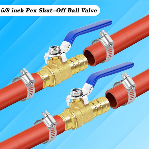 Brass hose-barb ball valve kit, 2 pcs, 5/8 inch PEX shut-off valves with blue handles and stainless clamps