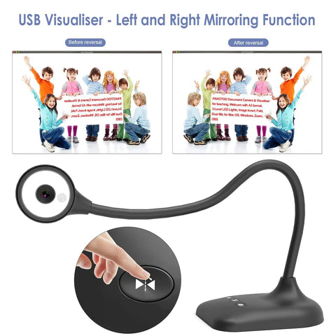 Straight Plug Usb Document Camera With Webcam Toggle For Teachers And Streamers Boasting A3 Scanning Adjustable Gooseneck Stand showing mirroring function.
