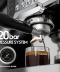 Heavy Duty Stainless Steel Espresso Machine Featuring A Clear Visual Pressure Gauge And A Mighty Twenty Bar Pump Pulling Straight Fire Shots With Knockout Quality Crema Daily, showcasing espresso extraction with pressure gauge.