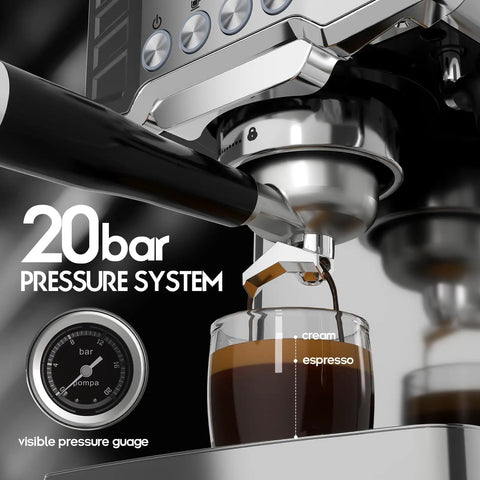 Heavy Duty Stainless Steel Espresso Machine Featuring A Clear Visual Pressure Gauge And A Mighty Twenty Bar Pump Pulling Straight Fire Shots With Knockout Quality Crema Daily, showcasing espresso extraction with pressure gauge.