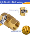 Beefy Brass Ball Valve, 1-1/4 Inch Full Port NPT Female To Female, water shut off plumbing fitting, close-up view.