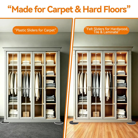Heavy Duty Furniture Sliders With Lever Lift Tool, 12 Piece Multi Surface Moving Kit For Carpet Hardwood Floors, showing slides for carpets and hard floors.