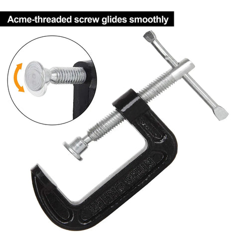 14 Pack 2 Inch C Clamps Malleable Iron Heavy Duty With Sliding Bar One And Three Eighths Inch Throat Depth Quick Grip For Woodworking Welding Automotive Repair Versatile Clamps For Diy Projects And Pro Shop Use close-up with acme-threaded screw