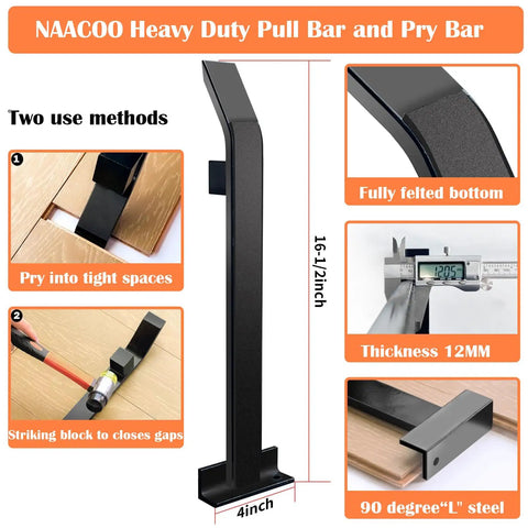Beefy Pro Grade 4 In 1 Laminate And Vinyl Flooring Installation Kit featuring heavy-duty pull bar, dimensions and usage methods shown