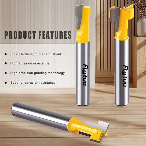 Three Pack Keyhole Router Bits Set With 1/4 Inch Shank Pro Grade Carbide T Slot Router Bits For Woodworking on wooden surface