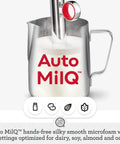 Auto MilQ hands-free microfoam pitcher with red lettering, optimized for dairy, soy, almond, and oat milk frothing.