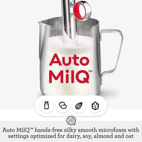 Auto MilQ hands-free microfoam pitcher with red lettering, optimized for dairy, soy, almond, and oat milk frothing.