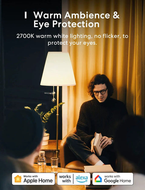 Person reading under lamp with warm light from Smart WiFi LED Bulb Dimmable A19 E26 Warm White 2700K, 810 Lumens, 2 Pack