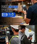 Real Deal Handheld Label Maker With Plug and Play Bluetooth Sync, showing usage in a workspace labeling wire connections.