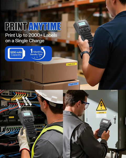 Real Deal Handheld Label Maker With Plug and Play Bluetooth Sync, showing usage in a workspace labeling wire connections.