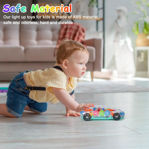 Child playing with Light Up Transparent Car Toy For Kids That Totally Sparks Sensory Play With Colorful Moving Gears