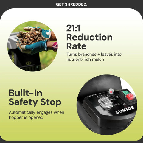 Corded Wood Chipper Shredder For Yard Cleanup With Collection Bag 1.7 Inch Cutting Capacity And 15 Amp Electric Motor info graphic